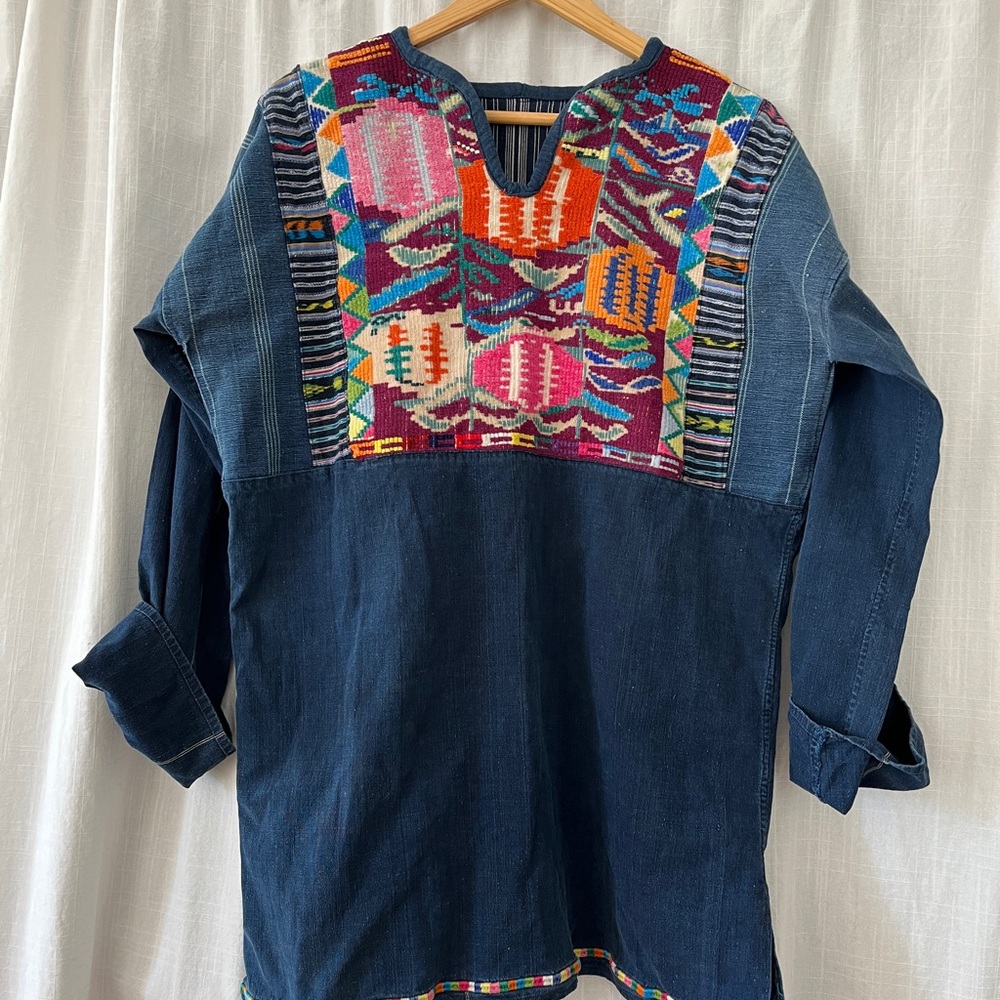1970s Guatemalan Indigo Denim with Needlepoint Embroidery Folk Shirt